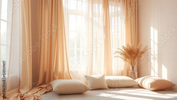 Fototapeta A cozy bedroom scene with soft peach curtains, a pile of beige pillows, and a vase of dried flowers. The sunlight filters through sheer curtains, creating a warm ambiance. Generative, AI,
