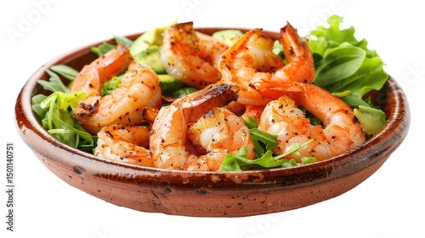 Fototapeta Juicy grilled shrimp served over fresh greens in a rustic bowl ready for a delicious meal