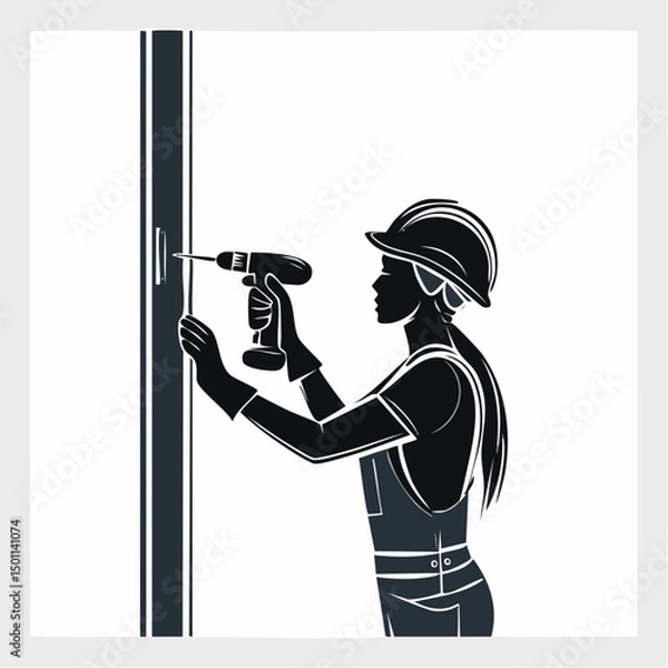 Obraz Construction Worker Using Drill Silhouette — Flat 2D Minimalist Vector