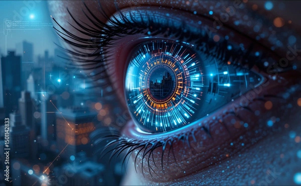 Fototapeta Hyper-Realistic Close-Up of Human Eye Reflecting Futuristic Cityscape with Digital HUD and Glowing Circuitry in Iris