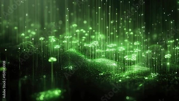 Fototapeta Abstract digital landscape, glowing green particles cascading down, forming a textured surface