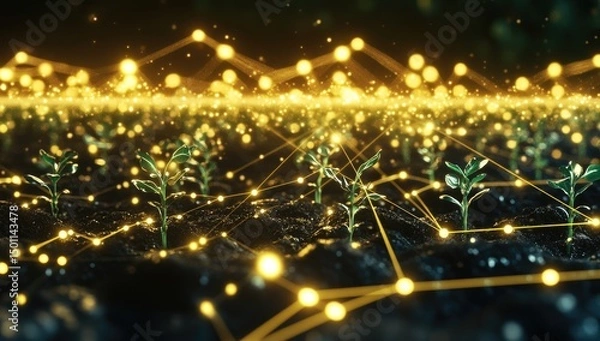 Fototapeta A network of interconnected young plants growing in the soil, illuminated by glowing golden light.  Intricate lines and glowing particles connect the plants, symbolizing a digital agriculture system