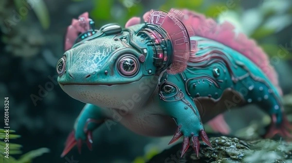 Obraz Cybernetic Axolotl: A Bio-Mechanical in Teal and Pink. Surreal animal