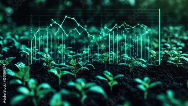 Fototapeta Growing seedlings overlaid with fluctuating graphs, showing a trend