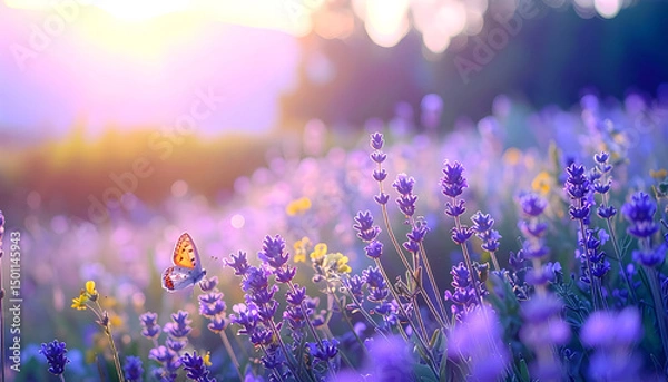 Fototapeta Wild flowers in a meadow at sunset. Macro image, shallow depth of field. Abstract summer nature background
