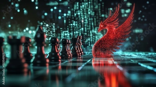 Obraz Futuristic Phoenix and Red King Piece in Chess Game with Black Pieces on Digital Board 