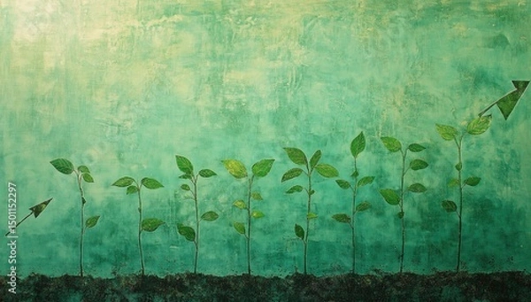 Fototapeta Growing plants lined up,  showing upward growth.  Green plants sprout from the soil,  pointed arrows indicate upward trajectory.  A teal background with textured, distressed look