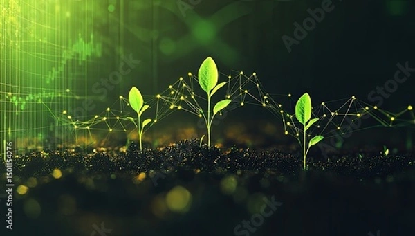 Fototapeta Growing seedlings, digital lines,  chart overlay.  Young plants emerging from soil,  with a technological overlay of  graph data.  Sustainable growth,  investment potential concept