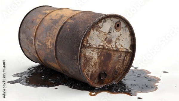 Fototapeta Rusty oil drum leaking hazardous waste spills onto a white background illustrating environmental pollution and industrial accidents requiring cleanup and safety precautions.