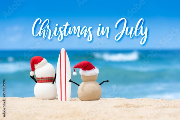 Obraz Christmas in July sale template design with a snowman and a sandy snowman on a beautiful beach, both holding a surf board