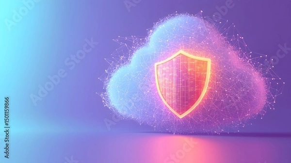 Fototapeta Glowing Shield Cloud Symbolizing Data Protection and Cybersecurity on Soft Violet Gradient