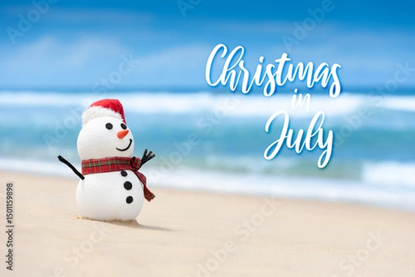 Obraz Christmas in July sale template design with a snowman on a beautiful beach