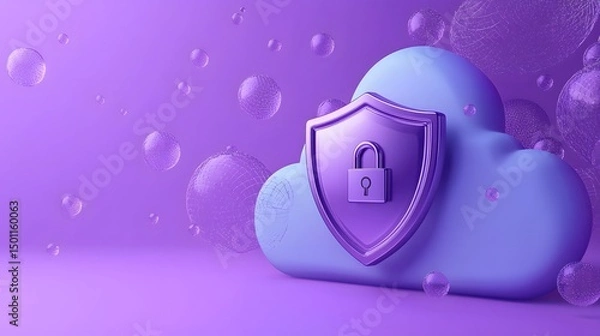 Fototapeta Vibrant 3D Concept of Cloud Security with Shield and Lock Icon on Violet Background