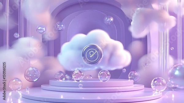 Fototapeta Futuristic 3D of Cloud Security Platform with Spheres on Purple Background