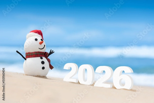 Fototapeta A Snowman on a beautiful beach with large 2026 numbers set in the background