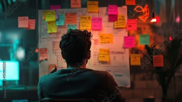 Obraz design thinking for innovation, designer drawing user journey map with colorful notes, realistic setup