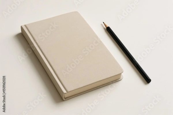 Fototapeta Elegant beige notebook and black pencil on a light surface for creative writing