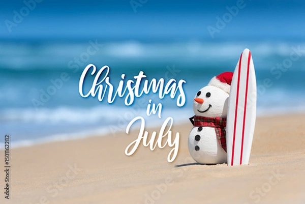 Obraz Christmas in July sale template design with a snowman on a beautiful beach, standing with a surf board.