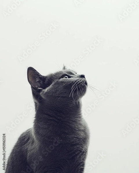 Fototapeta Gray cat looking upward against a plain white backdrop.  A close-up, minimalist portrait of a thoughtful feline