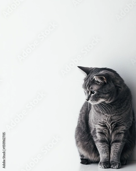 Fototapeta Gray cat sits against a plain white background.  Side profile, looking off to the side.  Soft lighting