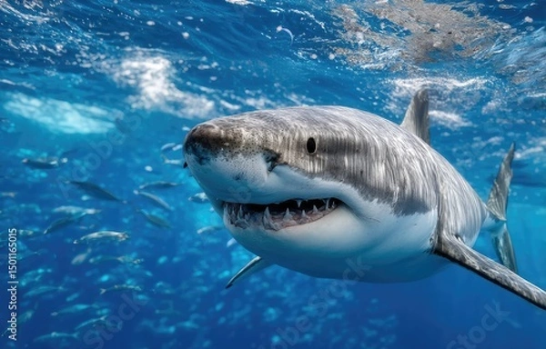 Obraz A large shark swimming in the deep blue sea, surrounded by fish and other marine life.