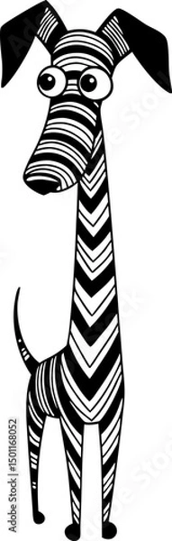 Fototapeta Stylized Dog Illustration with Chevron and Curved Stripe Patterns – Black and White Vector Art