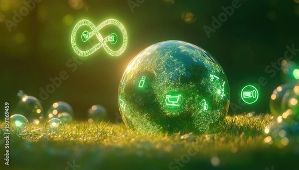 Fototapeta Emerald sphere, glowing with green symbols, rests on grass, surrounded by other glowing orbs. Infinity symbol hovers above