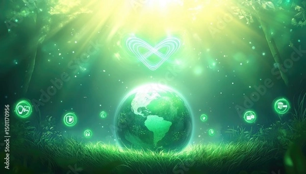 Fototapeta Earth nestled in lush green forest, glowing with ethereal light.  Glowing symbols orbit the Earth