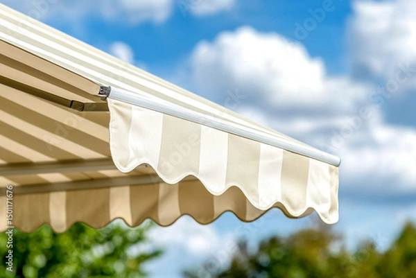 Fototapeta Installing solar shades and awnings in a residential backyard under a clear blue sky