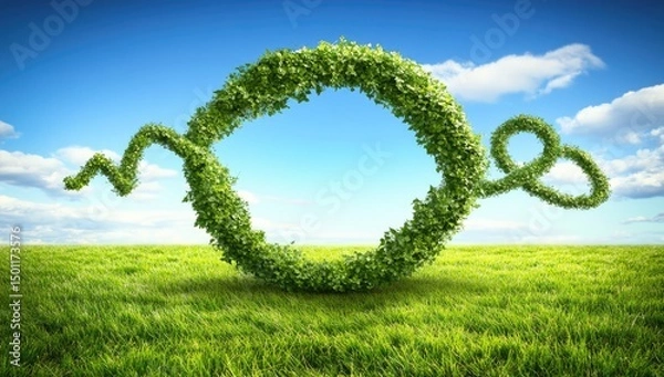 Fototapeta Circular, green plant design on a grassy field, symbolizing nature and sustainability.  A winding, leafy structure forms a ring, suggesting a continuous cycle