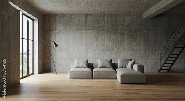 Fototapeta Modern loft apartment with concrete walls and sectional sofa