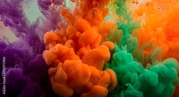 Fototapeta Abstract colorful smoke plumes blend in water dynamic fluid motion