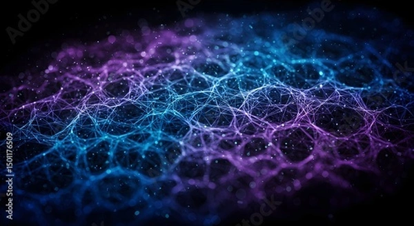 Fototapeta Abstract network of interlinked nodes with glowing blue and purple hues