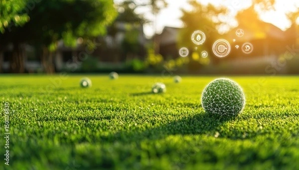Fototapeta Green grass field with small cactus and abstract tech icons, sunny day