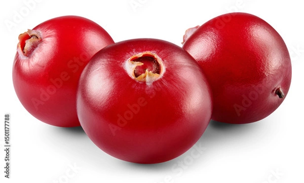 Obraz Cranberry isolated png. Cranberries on white or transparent background.. Three cranberry berries with transparent shadow no background. Perfect retouched image. Full depth of field.