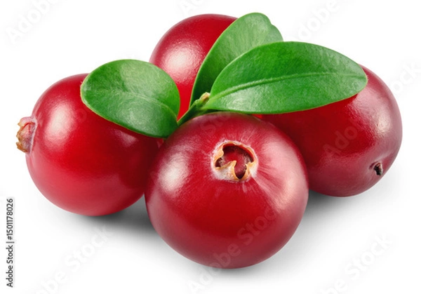 Fototapeta Cranberry isolated png. Cranberries with leaves on white or transparent background.. Cranberry berries with transparent shadow no background. Perfect retouched image. Full depth of field.