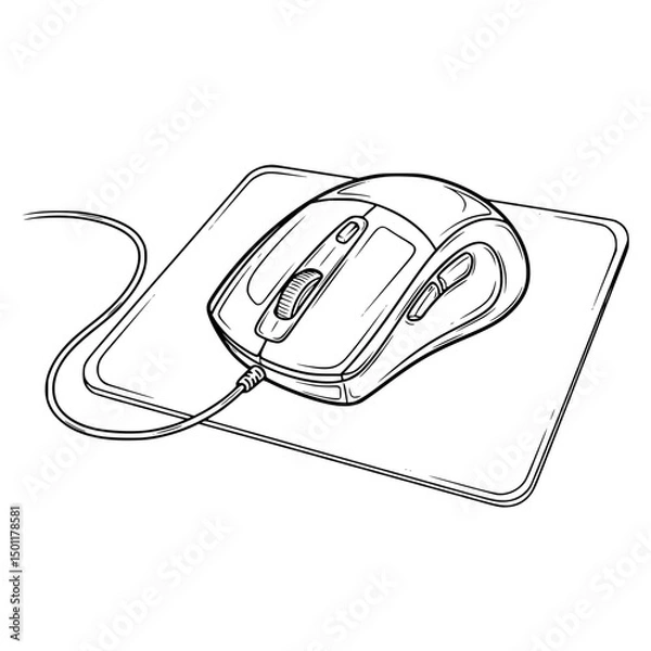Fototapeta Detailed Black and White Illustration of a Computer Mouse and Pad