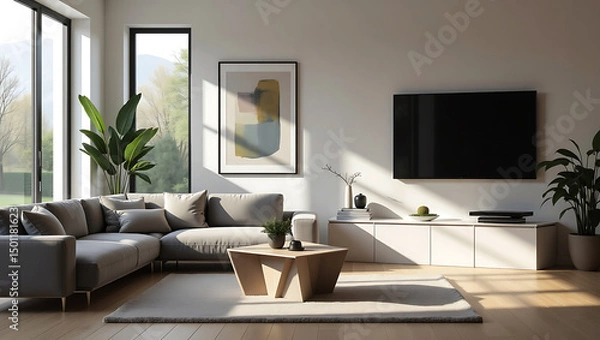 Fototapeta A bright and airy living room features large windows with stunning ocean view, showcasing cozy sofa, stylish coffee table