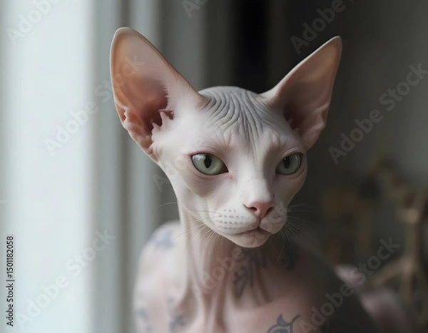 Fototapeta Close-up portrait of a Sphinx cat with green eyes and patterned skin texture