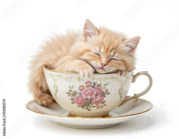 Fototapeta Ginger Kitten Napping Comfortably Inside an Ornate Teacup on a Saucer