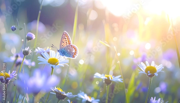 Fototapeta Wild flowers in a meadow at sunset. Macro image, shallow depth of field. Abstract summer nature background
