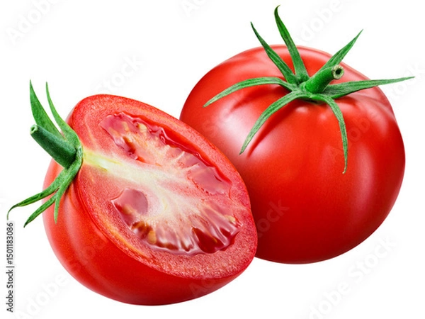 Obraz Tomato isolated png. Tomato with a half on white or transparent background. Perfect retouched png tomato no background. Full depth of field.