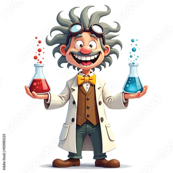Obraz Cartoon mad scientist doing science experiments with beakers and lab coat vector illustration image art