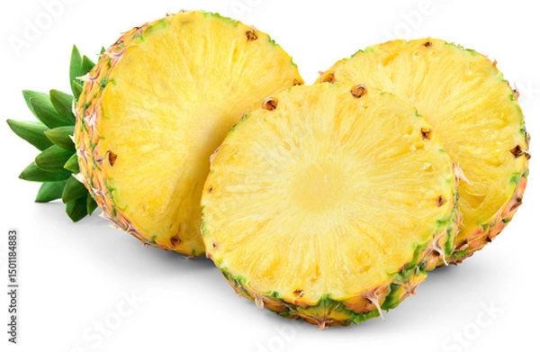 Obraz Pineapple slice isolated png. Pineapple with leaves on transparent background. Cut pineapple no background. Three round pineapple slices transparent png. Full depth of field.