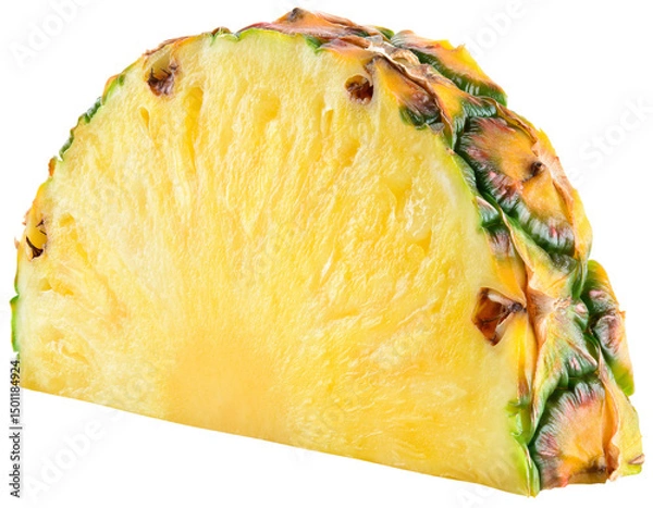 Obraz Pineapple slice isolated png. Pineapple half of slice on transparent background. Cut pineapple no background. Pineapple piece transparent png. Full depth of field.