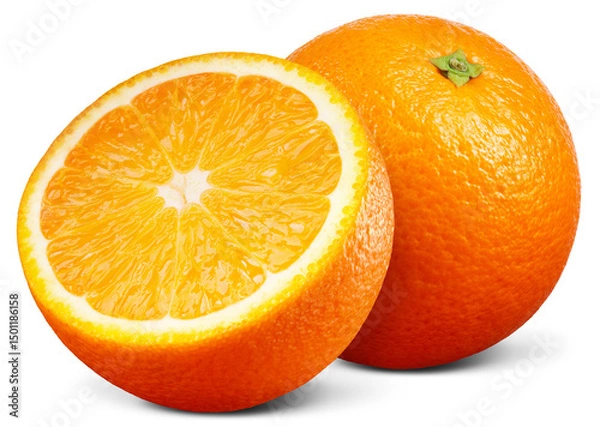 Obraz Orange isolated png. Whole orange and a half on transparent background. Orang fruit no background. Full depth of field. Transparent png