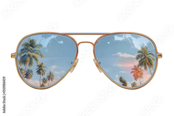 Fototapeta Aviator sunglasses reflecting a tropical beach scene with palm trees, blue sky, and clouds, capturing the essence of summer and relaxation.