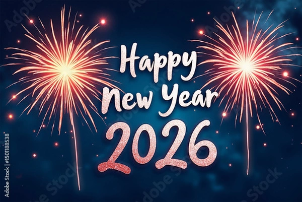 Fototapeta Abstract Fireworks New Year 2026 Celebration with Sparkling Silver Text and Night Sky Art