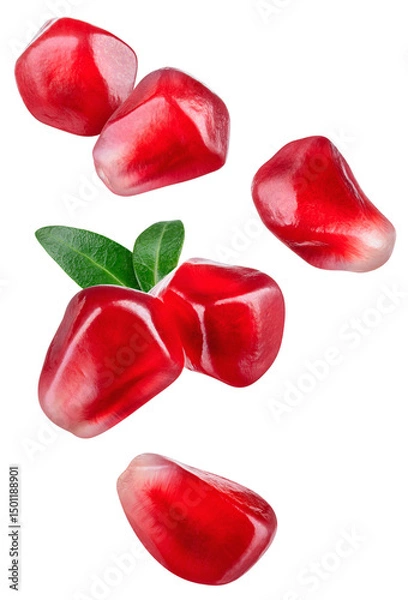 Obraz Pomegranate isolated png. Pomegranate seed with leaf flying on white or transparent background. Falling pomegranate seeds side view png. Pomegranate no background. Full depth of field.