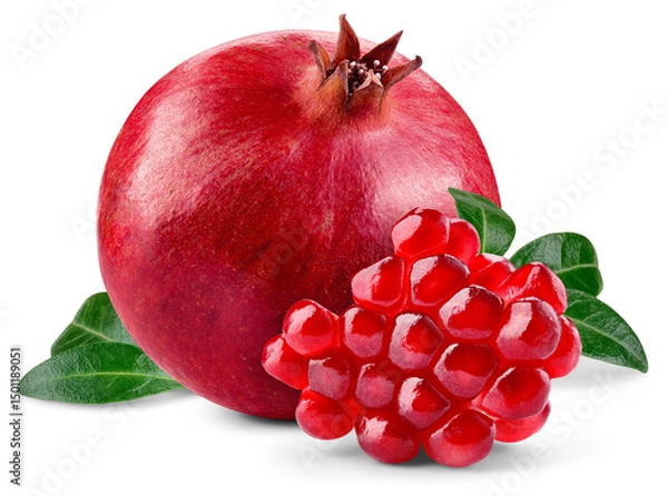 Fototapeta Pomegranate isolated png. Whole pomegranate with seeds and leaves on transparent background. Broken pomegranate slice no background. Perfect retouched transparent png. Full depth of field.